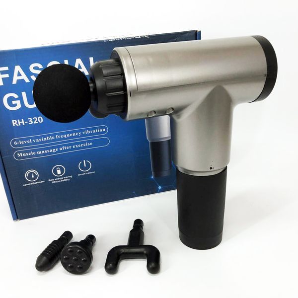 Аккумуляторный массажер fascial gun kh-320 портативный ручной ударный мышечный пистолет 4 насадки серый 00015543 фото