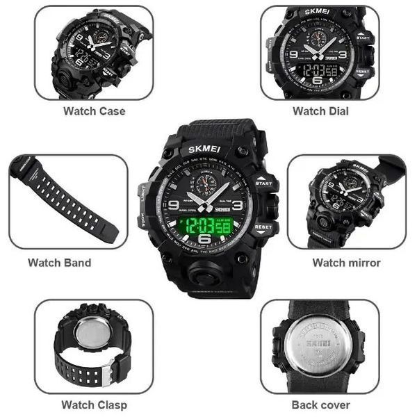 Часы наручные мужские SKMEI 1586BK BLACK, водонепроницаемые мужские часы, часы спортивные. Цвет: черный 00022048 фото