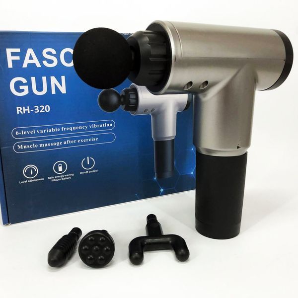 Аккумуляторный массажер fascial gun kh-320 портативный ручной ударный мышечный пистолет 4 насадки серый 00015543 фото