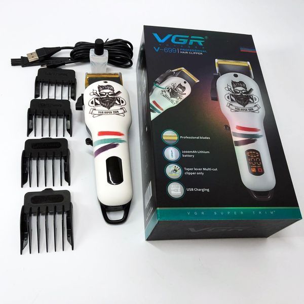 Машинка для стрижки волосся та бороди професійна VGR V-699 B з насадками та LED дисплеєм. Колір: білий 00014423 фото