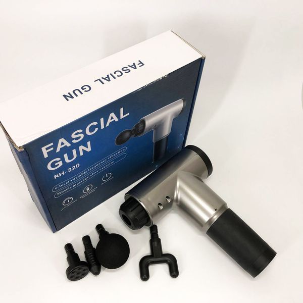 Аккумуляторный массажер fascial gun kh-320 портативный ручной ударный мышечный пистолет 4 насадки серый 00015543 фото