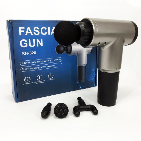 Аккумуляторный массажер fascial gun kh-320 портативный ручной ударный мышечный пистолет 4 насадки серый 00015543 фото