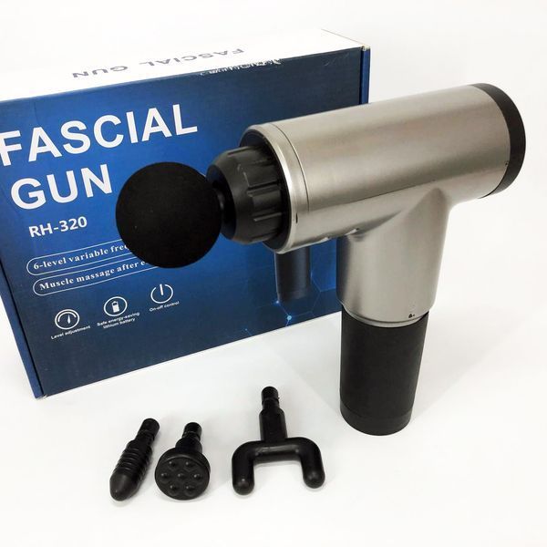 Аккумуляторный массажер fascial gun kh-320 портативный ручной ударный мышечный пистолет 4 насадки серый 00015543 фото