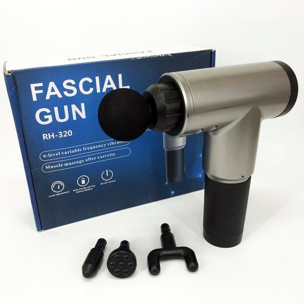 Аккумуляторный массажер fascial gun kh-320 портативный ручной ударный мышечный пистолет 4 насадки серый 00015543 фото