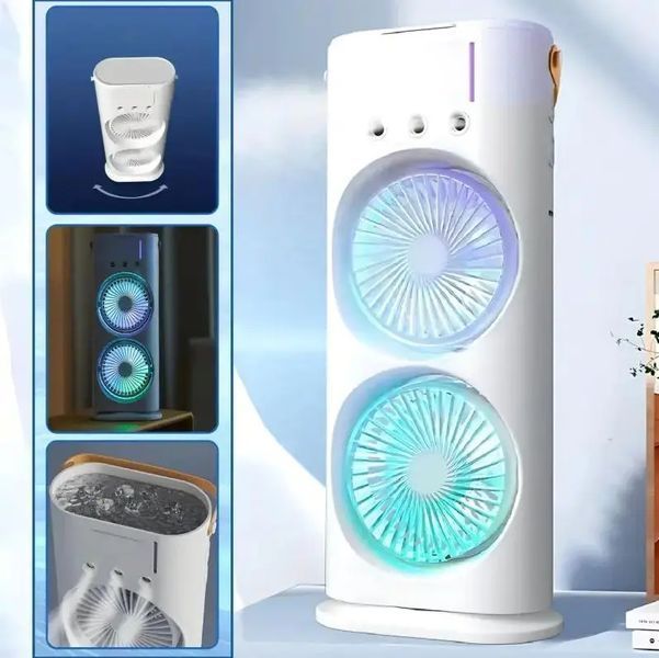 Вентилятор настільний подвійний з охолодженням Double-ended Spray Fan LED-підсвічування 3 швидкості, розпилювач водяного туману 00018539 фото