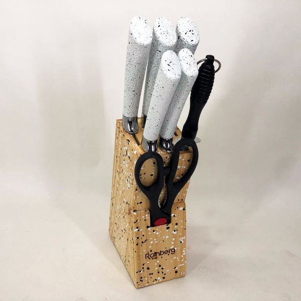 Набір ножів Rainberg RB-8806 на 8 предметів з ножицями та підставкою з нержавіючої сталі. Колір: білий 00020230 фото