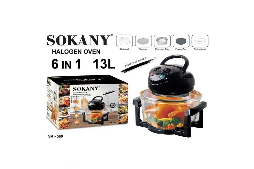 Аерофритюрка 6в1 SOKANY SK-560 електрична аерогриль 13 л 1400 Вт галогенна піч температура до 250 С 00020879 фото