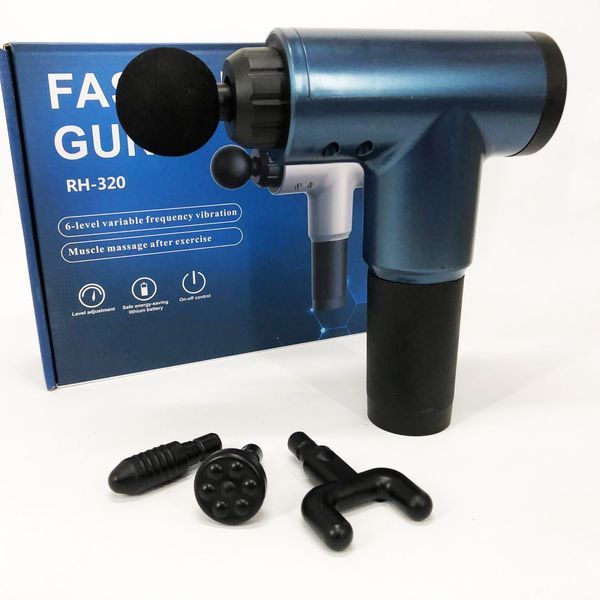 Аккумуляторный массажер fascial gun kh-320 портативный ручной ударный мышечный пистолет 4 насадки синий 00015511 фото