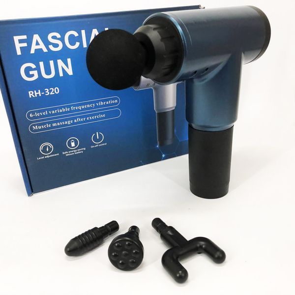 Аккумуляторный массажер fascial gun kh-320 портативный ручной ударный мышечный пистолет 4 насадки синий 00015511 фото