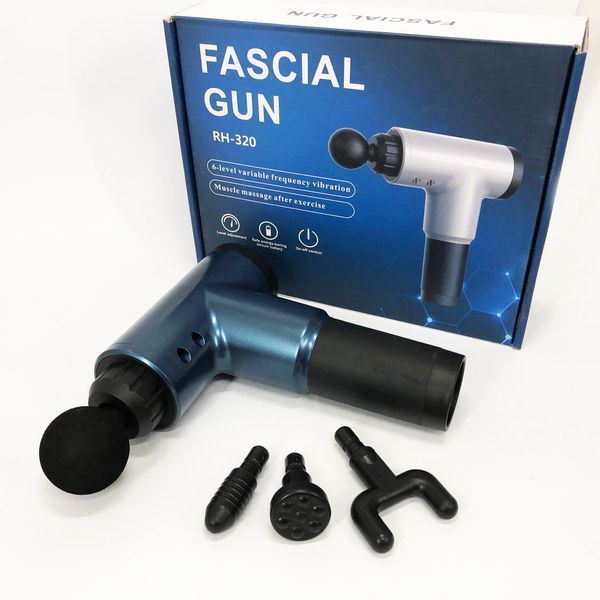 Аккумуляторный массажер fascial gun kh-320 портативный ручной ударный мышечный пистолет 4 насадки синий 00015511 фото