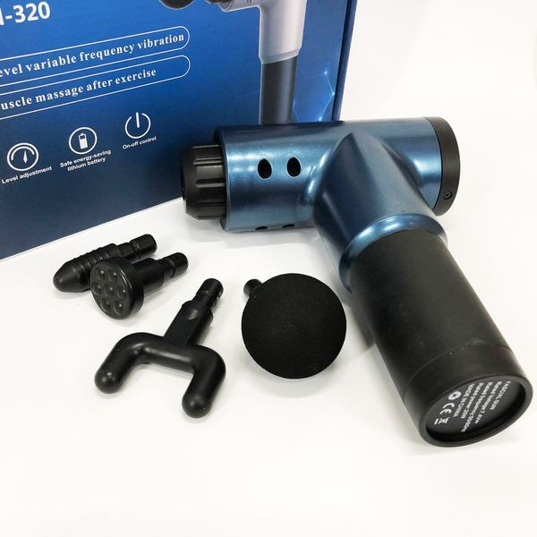 Аккумуляторный массажер fascial gun kh-320 портативный ручной ударный мышечный пистолет 4 насадки синий 00015511 фото