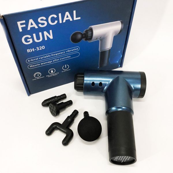 Аккумуляторный массажер fascial gun kh-320 портативный ручной ударный мышечный пистолет 4 насадки синий 00015511 фото