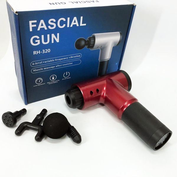 Аккумуляторный массажер fascial gun kh-320 портативный ручной ударный мышечный пистолет 4 насадки красный 00015512 фото