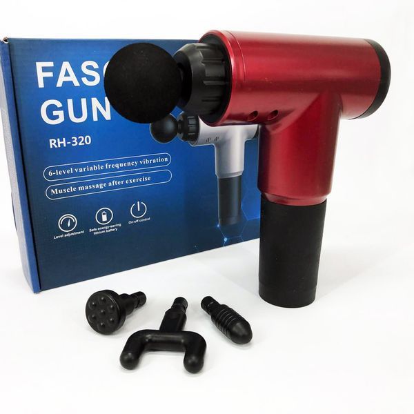 Аккумуляторный массажер fascial gun kh-320 портативный ручной ударный мышечный пистолет 4 насадки красный 00015512 фото