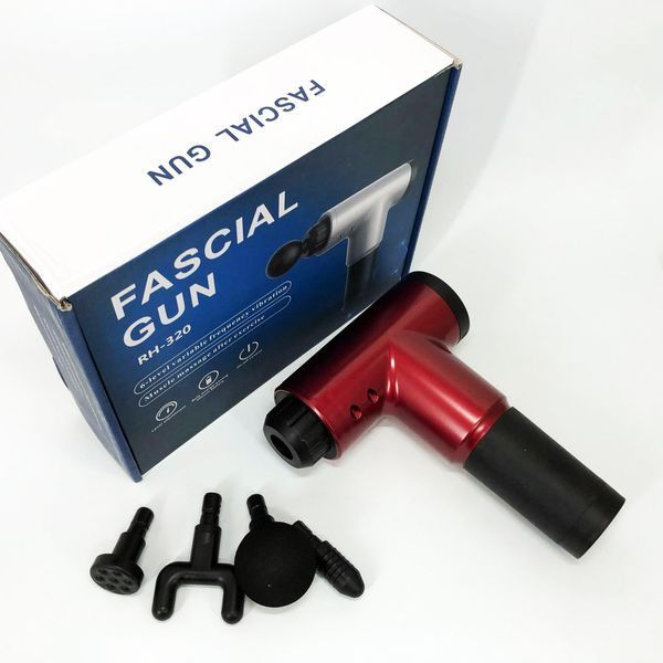 Аккумуляторный массажер fascial gun kh-320 портативный ручной ударный мышечный пистолет 4 насадки красный 00015512 фото