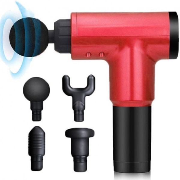 Аккумуляторный массажер fascial gun kh-320 портативный ручной ударный мышечный пистолет 4 насадки красный 00015512 фото