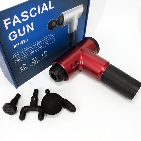 Аккумуляторный массажер fascial gun kh-320 портативный ручной ударный мышечный пистолет 4 насадки красный 00015512 фото