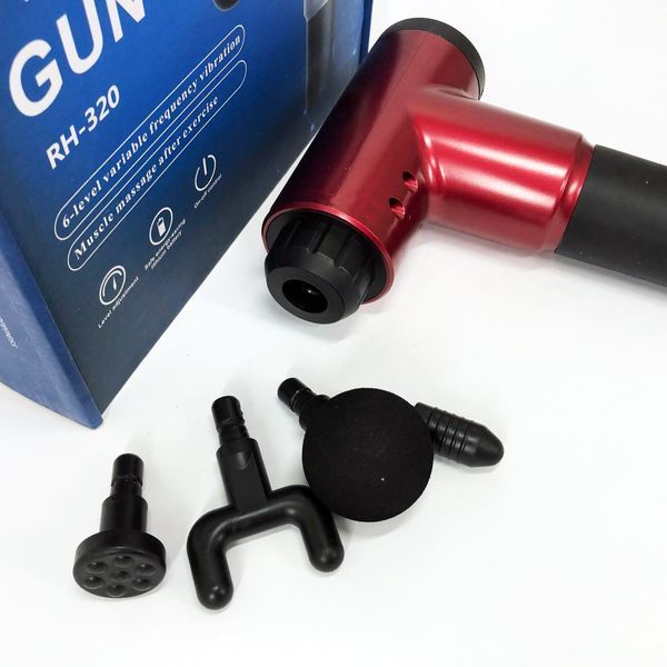Аккумуляторный массажер fascial gun kh-320 портативный ручной ударный мышечный пистолет 4 насадки красный 00015512 фото