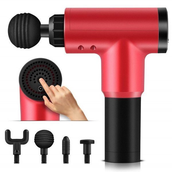 Аккумуляторный массажер fascial gun kh-320 портативный ручной ударный мышечный пистолет 4 насадки красный 00015512 фото