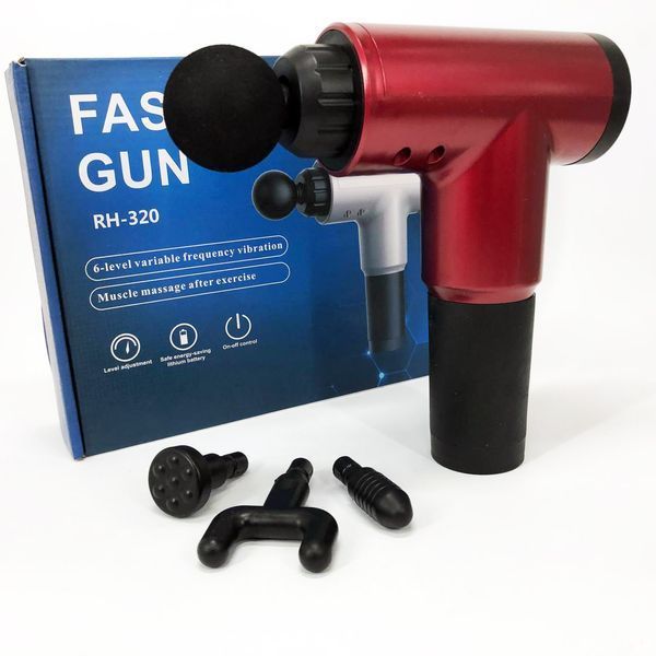 Аккумуляторный массажер fascial gun kh-320 портативный ручной ударный мышечный пистолет 4 насадки красный 00015512 фото