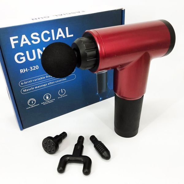 Аккумуляторный массажер fascial gun kh-320 портативный ручной ударный мышечный пистолет 4 насадки красный 00015512 фото