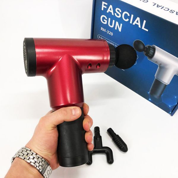 Аккумуляторный массажер fascial gun kh-320 портативный ручной ударный мышечный пистолет 4 насадки красный 00015512 фото