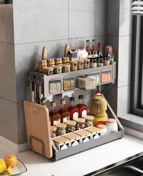 Органайзер для приправ Glaceon Spice Rack, двоярусна стійка для посуду + спецівниця, багатофункціональна сушарка посуду та спецій, містка полиця для спецій з кухонними шафами 00021818 фото