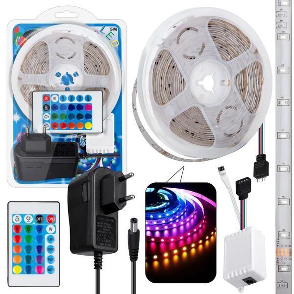 Світлодіодна стрічка SMD 5050 RGB LED 5 м IP65 з пультом та блоком живлення 220v, 5м, Стрічка світлодіодна 5050 00012573 фото