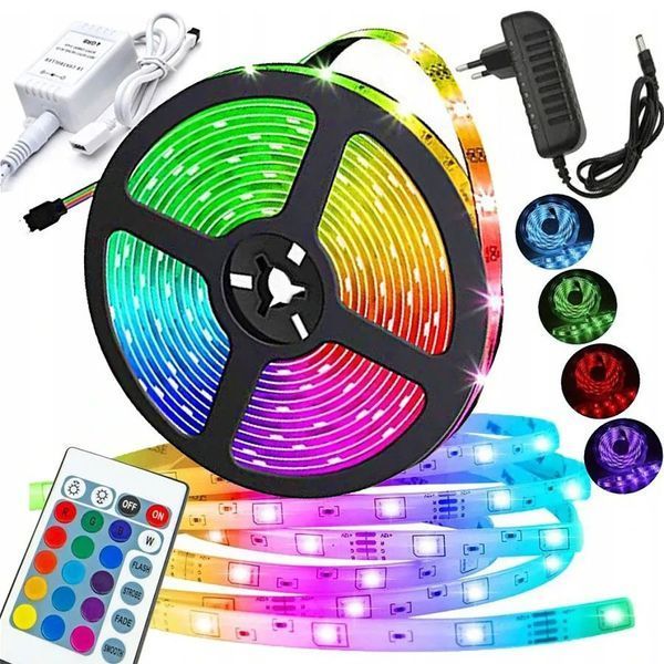 Світлодіодна стрічка SMD 5050 RGB LED 5 м IP65 з пультом та блоком живлення 220v, 5м, Стрічка світлодіодна 5050 00012573 фото