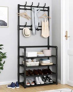 Железная вешалка для одежды + подставка для обуви, 2 в одном, 4 полки "Multi-functional shoe and hat rack" Черная 00014217 фото