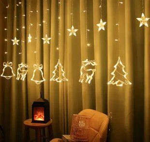 Гірлянда штора з формами дзвіночок, ялинка, олень 12 pcs light 00023705 фото