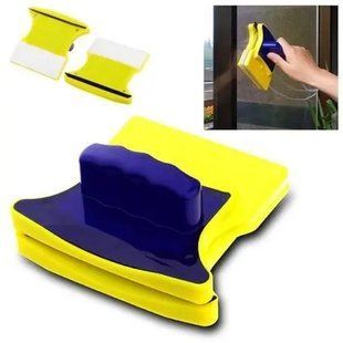 Магнитная щетка для мытья окон с двух сторон Magnetic Double side Cleaner 40мм со страховочным шнуром желто-синяя 00013828 фото