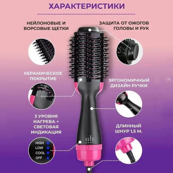 Фен Щетка расчёска 3в1 One step Hair Dryer 1000 Вт 3 режима выпрямитель для укладки волос стайлер с функцией ионизации 00014311 фото
