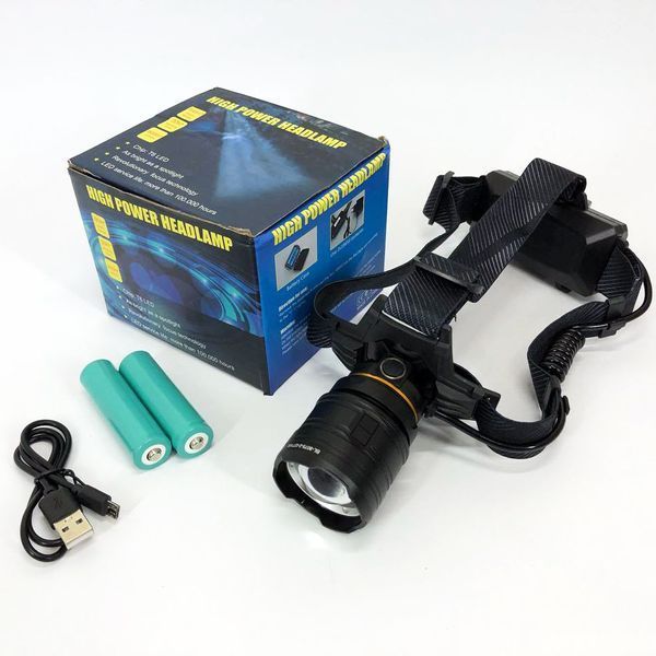 Фонарь налобный мощный Bailong BL-8075-2-GT100, 3 режима, Zoom, алюминий, аккум 2*18650, USB кабель 00023436 фото