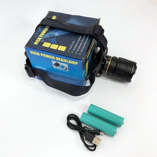Фонарь налобный мощный Bailong BL-8075-2-GT100, 3 режима, Zoom, алюминий, аккум 2*18650, USB кабель 00023436 фото