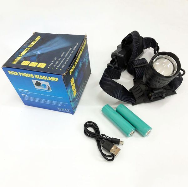 Фонарь налобный мощный Bailong BL-8075-2-GT100, 3 режима, Zoom, алюминий, аккум 2*18650, USB кабель 00023436 фото