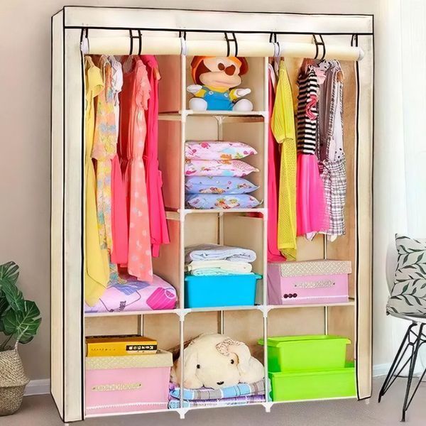 Шкаф тканевый 3 секции складной с каркасом STORAGE WARDROBE 175 х 130 х 45 см. Цвет: бежевый 00013429 фото