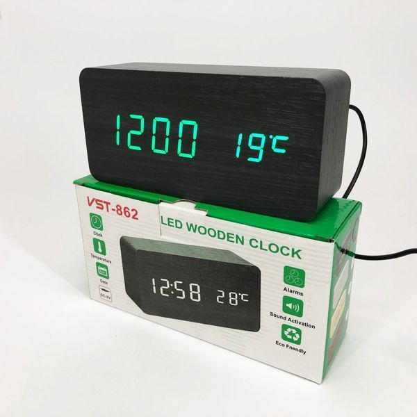 Электронные часы VST-862-4, с датчиком температуры, будильник, питание от USB. Цвет: черный-зеленый 00013666 фото