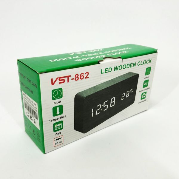 Электронные часы VST-862-4, с датчиком температуры, будильник, питание от USB. Цвет: черный-зеленый 00013666 фото