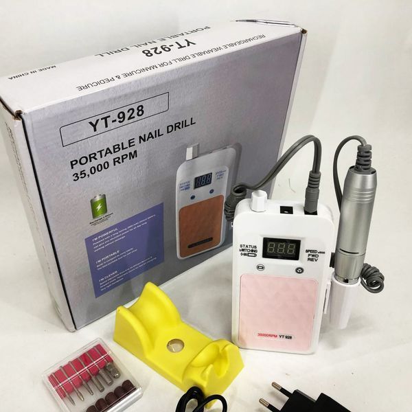 Портативний фрезер для нігтів Nail Drill YT-928 акумуляторний з індикатором заряду на 35 000 оборотів. Колір: білий 00014346 фото