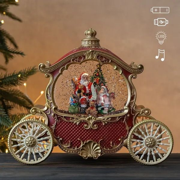 Новогодний фонарь с подсветкой и музыкой Санта в карете 22х26 см 00024860 фото