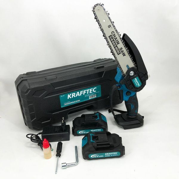 Акумуляторна ланцюгова міні пила 20 см у кейсі Krafftec (36V 4 Ач) + 2 акумулятори та індикатором заряду 00012657 фото