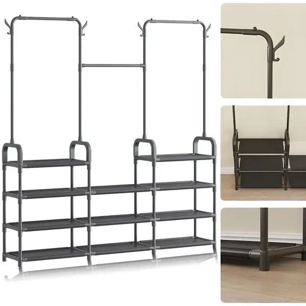 Стойка-вешалка для одежды и обуви Model1BLACK &mdash; 164&times;137&times;26см, 11полок, 4крючка, напольная, нержавеющая сталь 00013202 фото