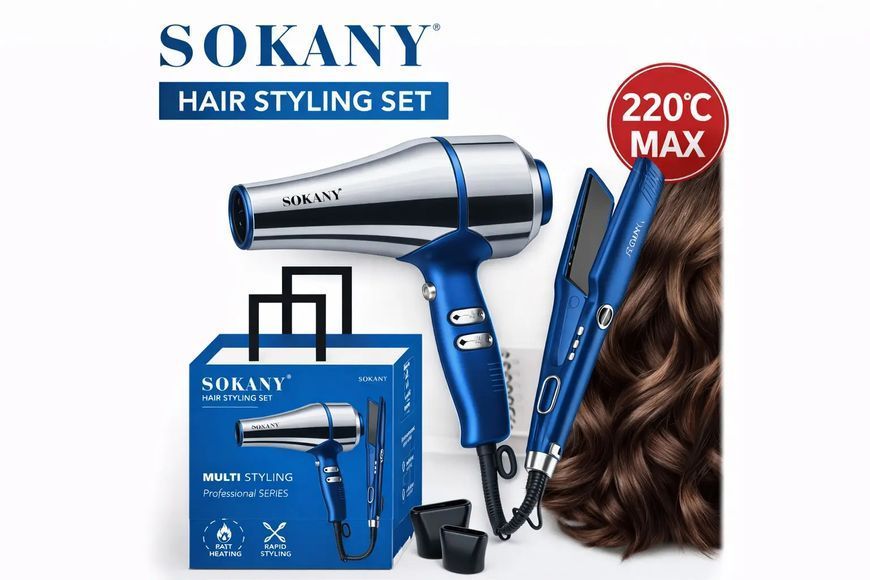Синий Набор для укладки волос от Sokany SK-14035 2 в 1 Фен + Утюжок 00021837 фото