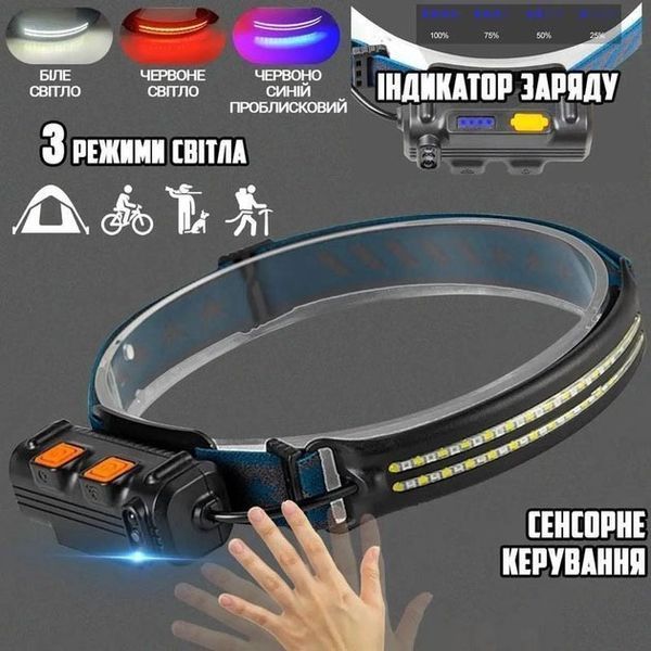 Ліхтар налобний акумуляторний BL-W691-2COB (white/red/RGB) з датчиком руху, потужний ліхтар налобний 00022933 фото