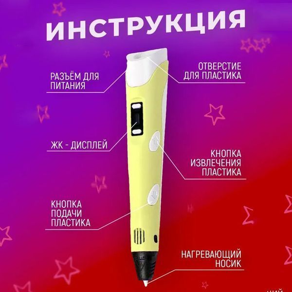 3D ручка Smart 3D Pen 2 c LCD дисплеєм, Дитяча електро ручка для фігурок із пластику. Колір: жовтий 00015789 фото