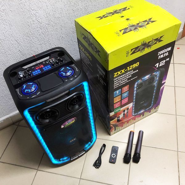 Акустическая переносная колонка ZXX-1290 600 Вт 12 дюйм 71х345х30см два микрофона пульт ДУ с подсветкой 00017709 фото