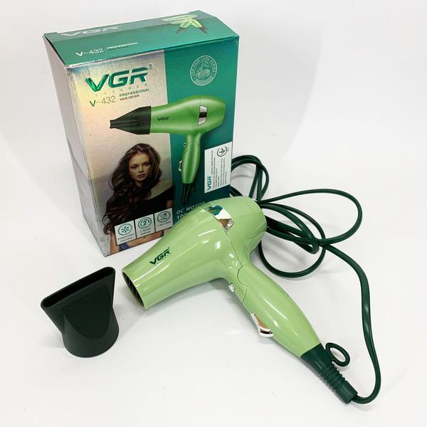 Фен для волосся дорожній VGR V-432 GREEN, з концентратором 1000 Вт, іонізація та 2 режими. Колір: зелений 00014958 фото
