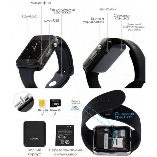 Смарт-часы Smart Watch A1 умные электронные со слотом под sim-карту + карту памяти micro-sd. Цвет: черный 00022423 фото