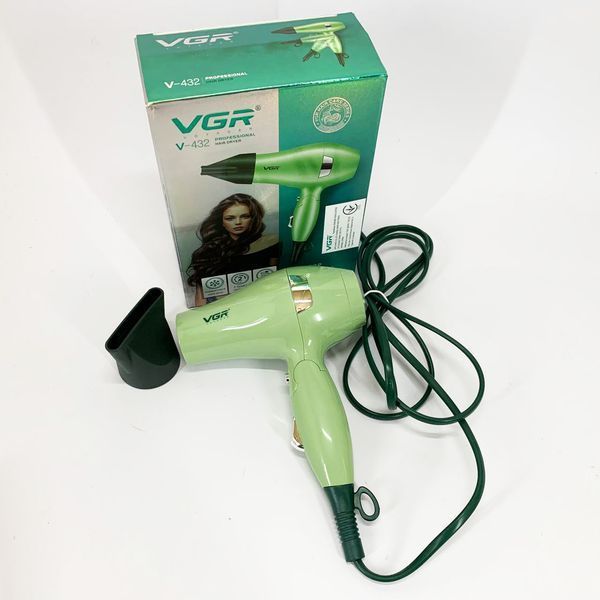 Фен для волосся дорожній VGR V-432 GREEN, з концентратором 1000 Вт, іонізація та 2 режими. Колір: зелений 00014958 фото